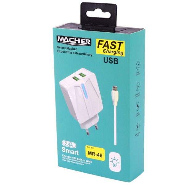 شارژر دیواری فست شارژ Macher MR-46 2Port 2.4A 12W + کابل میکرو یو اس بی - Image 3