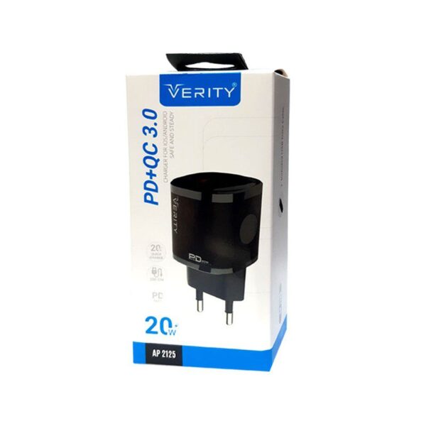 شارژر دیواری فست شارژ Verity AP-2125 2Port 3A QC3.0 PD 20W + کابل تایپ سی - Image 2